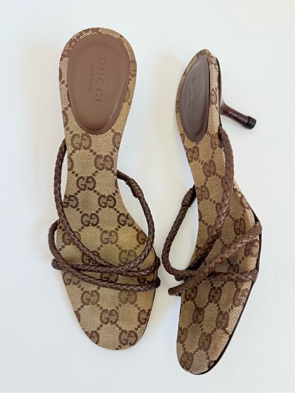 Rare Tom Ford Era Gucci GG Monogram Canvas Braided Leather Kitten Heel Mules US7